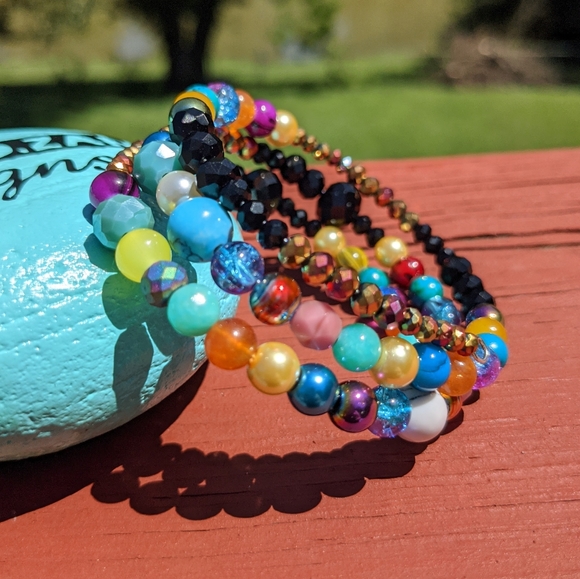 Beaded Bracelet Handmade Glass Rondelles Beads Artisan Colorful Sparkly Cute - Picture 1 of 14